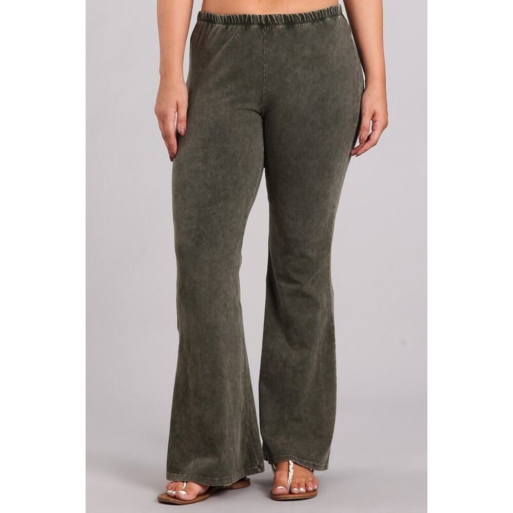 Chatoyant Plus Size Mineral Wash Bell Bottoms Dark Moss 2XL